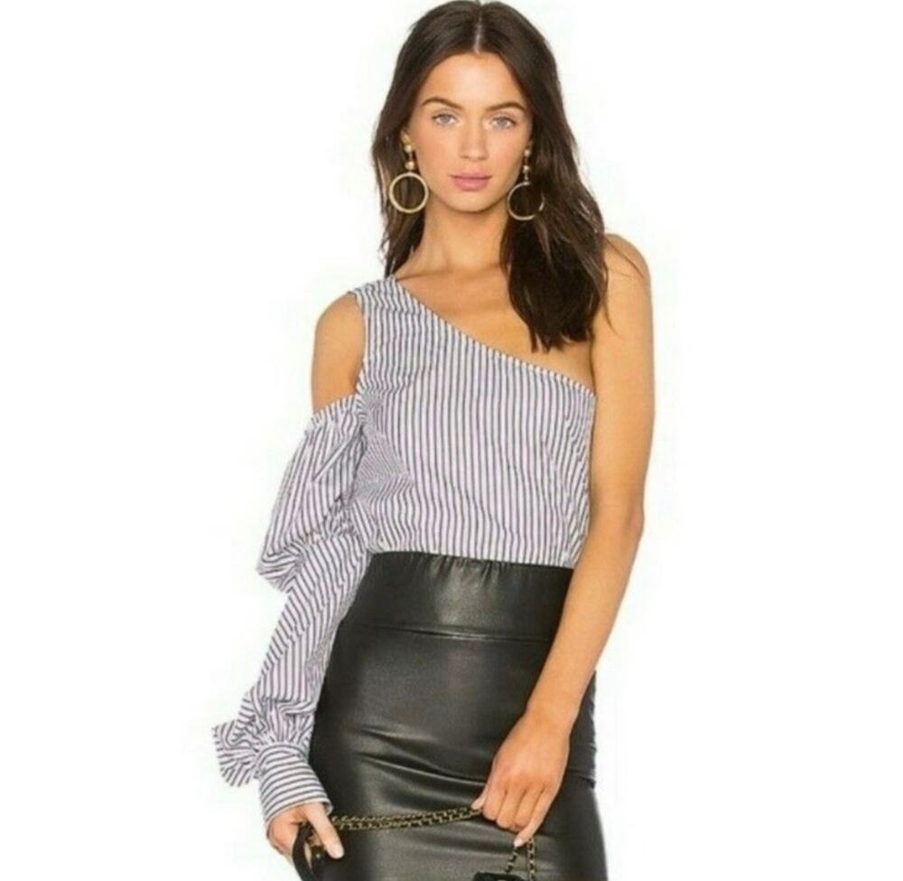 Petersyn NWT Lara One Shoulder Blouse Purple & White Striped | REVOLVE